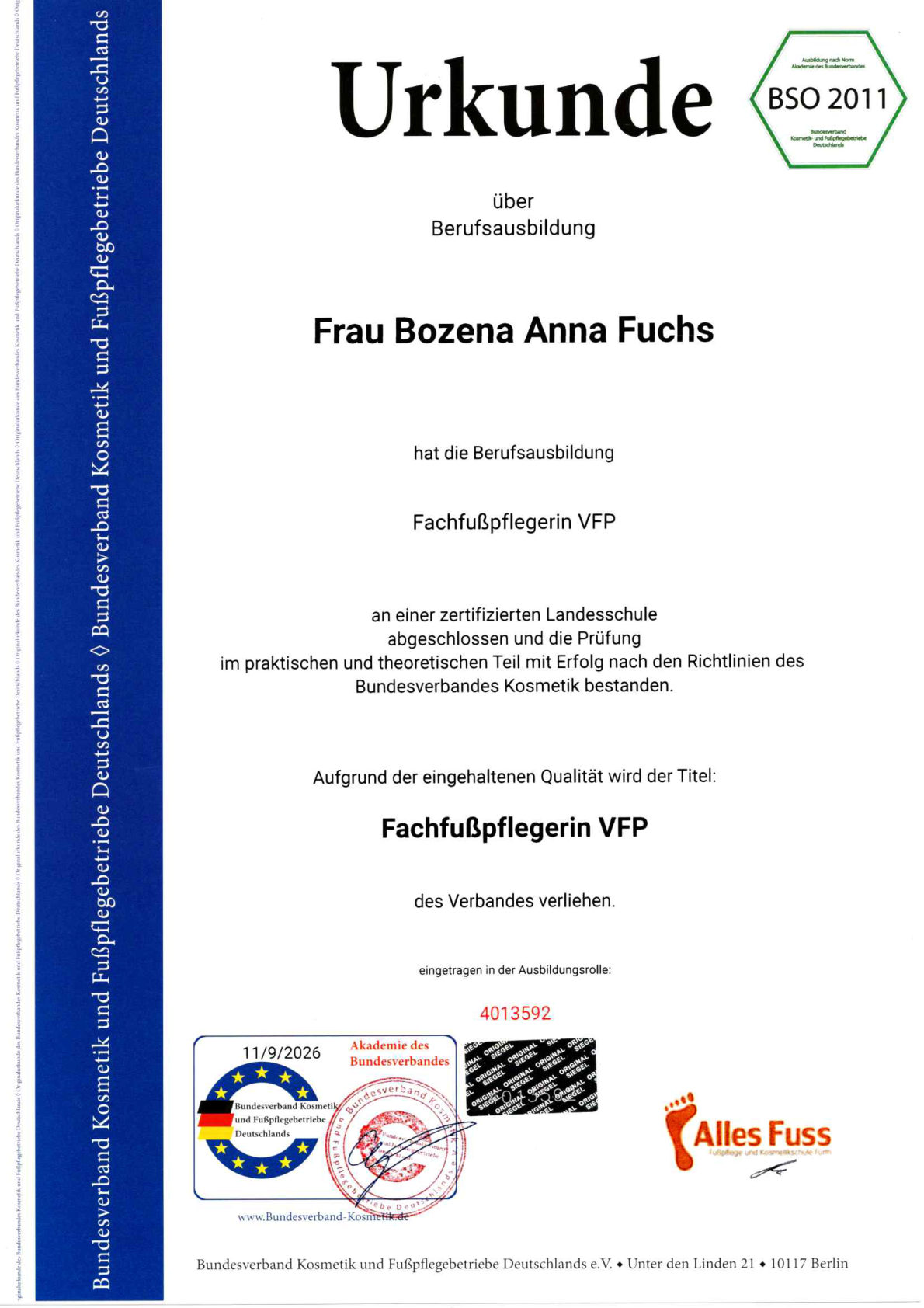 Urkunde Fachfußpflegerin VFP
